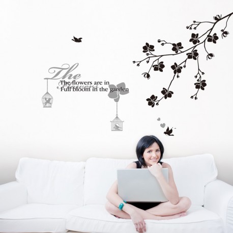 Text wall decals flowered with tree and birds