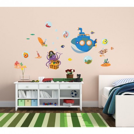 Octopus and submarine wall decals