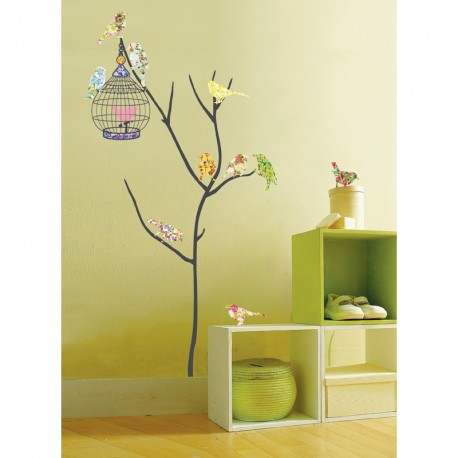 Sticker Oiseaux multicolores en cage