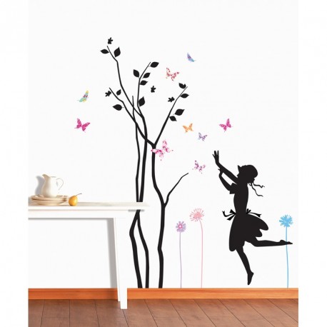 Stickers arbre petite fille et papillons