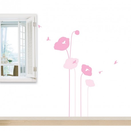 Pink poppy flowers and birds wall decals