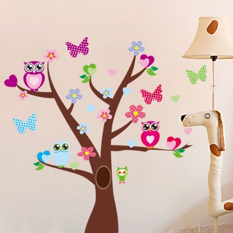 Sticker hiboux et papillons sur un arbre