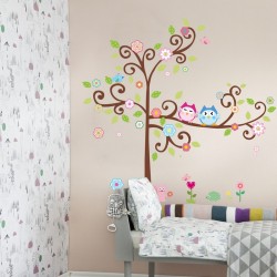 Owls on flowering tree wall decal