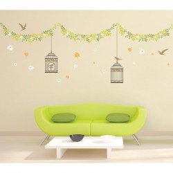 Sticker cages elegantes, oiseaux et fleurs