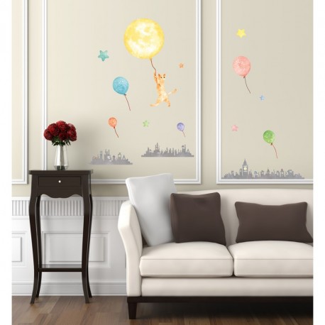 Stickers Phosphorescents Ville Chat Ballons et etoiles