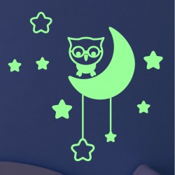 Sticker phosphorescent hibou la lune et étoiles
