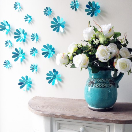 Sticker fleurs 3D chics adhésives MIROIR BLEU pas cher - Stickers