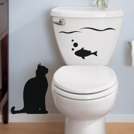 Sticker Chat et le poisson pas cher - Stickers salle de bain
