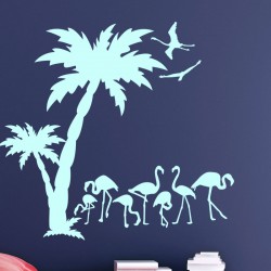 Sticker flamants roses et cocotiers