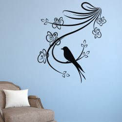 Sticker branche en fleurs et petit  oiseau