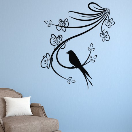 Sticker mural branche fleurs vertes