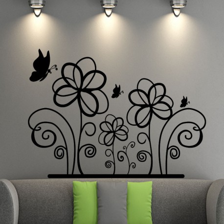 Sticker petits papillons et grandes fleurs