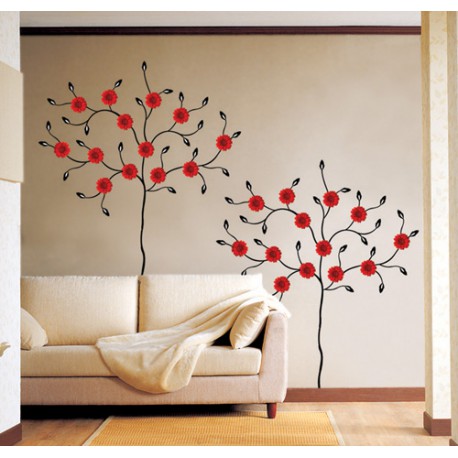 Sticker Arbre fleurs gerbera rouges