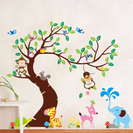 Sticker géant pour enfant - arbre, singes et éléphant